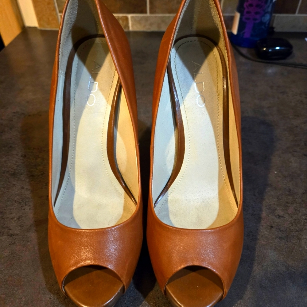 Aldo Brown Leather Peep Toe Heels